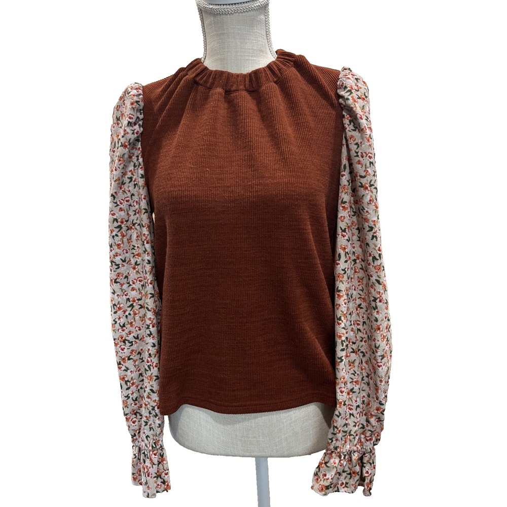 THML Top Womens M Rust Floral Lantern Sleeves Romantic Cottagecore Boho Shirt